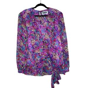 Jo Hanna York Joan Davis M VTG Floral Rhinestone Tie Front Blouse Retro Artsy